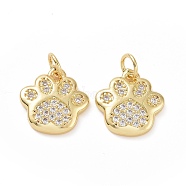 Brass Cubic Zirconia Charms, Paw Print Charm, with Jump Ring, Golden, 13.5x12.5x2mm, Hole: 3.5mm(ZIRC-I062-34G)