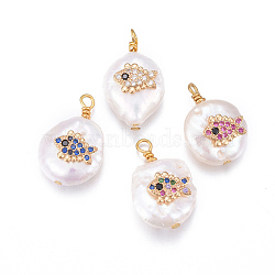 Natural Cultured Freshwater Pearl Pendants, with Brass Micro Pave Cubic Zirconia Findings, Nuggets with Fish, Golden, Mixed Color, 17~26x11~16x5~11mm, Hole: 1.6~2mm(PEAR-L027-30)