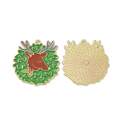 Christmas Theme Rack Plating Alloy Enamel Pendants, with Glitter Powder, Light Gold Tone Reindeer/Stag Charms, Green, 31x30.5x1.7mm, Hole: 1.8mm(PALLOY-O109-18LG)