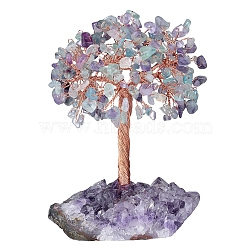 Natural Fluorite Chips Tree of Life Decorations, Rough Raw Amethyst Base with Copper Wire Feng Shui Energy Stone Gift for Women Men Meditation, 89~101x114~152mm(DJEW-PW0013-44E)