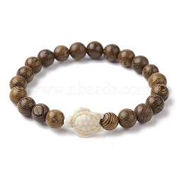Natural Wood Round & Synthetic Turquoise Turtle Beaded Stretch Bracelet for Women, Inner Diameter: 2-1/8 inch(5.5cm)(BJEW-JB09700-06)