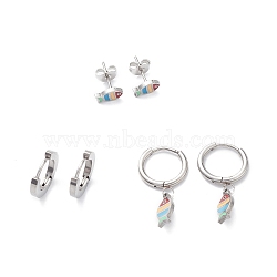 3 Pairs 3 Style Enamel Fish Dangle Hoop Earrings, 304 Stainless Steel Stud Earrings for Women, Stainless Steel Color, 8~27mm, Pin: 1mm, 1 Pair/style(EJEW-B020-23P)