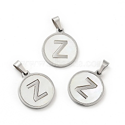 304 Stainless Steel with White Shell Pendants, Stainless Steel Color, Flat Round with Letter Charm, Letter.Z, 18x16x1.5mm, Hole: 3x6mm(STAS-G268-01Z-P)