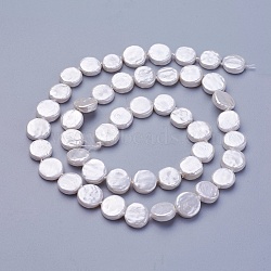 Shell Pearl Beads Strands, Flat Round, Snow, 7.5~8.2x2.2~3.5mm, Hole: 0.5mm, about 42~48pcs/strand, 15.35 inches~15.55 inches(39~39.5cm)(BSHE-P030-01A)