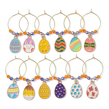 Easter Egg Alloy Enamel Wine Glass Charms, with Glass Bead and Brass Wine Glass Charm Rings, Mixed Color, 55mm, 12pcs/set