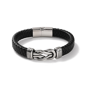 Men's Braided Black PU Leather Cord Bracelets, Knot 304 Stainless Steel Link Bracelets with Magnetic Clasps, Antique Silver, 8-3/4 inch(22.1cm)