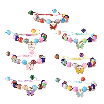 Resin Braided Bead Bracelets Set, Alloy Enamel Butterfly Charm Bracelets, Mixed Color, Inner Diameter: 1-3/8~2-5/8 inch(3.55~6.75cm), 7pcs/set