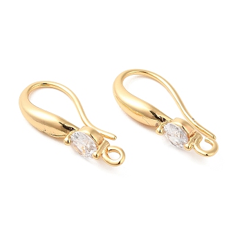 Brass Earring Hooks, Ear Wire, with Glass, Real 18K Gold Plated, 19x7.5mm, Hole: 1.2mm