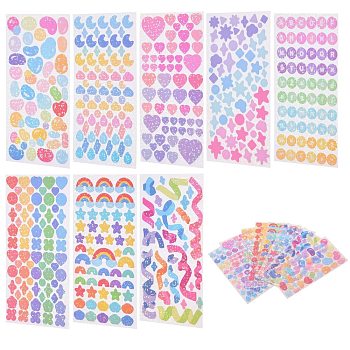 8 Sheets 8 Styles Waterproof Laser Plastic Self Adhesive Sticker, Mixed Color, 1sheet/style