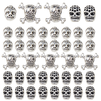 60Pcs 3 Style Tibetan Style Alloy Beads, Skull, Antique Silver, 10.5~13.5x6.5~15x6.5~8mm, Hole: 1.6~5mm
