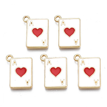 Rack Plating Alloy Enamel Pendants, Light Gold, Cadmium Free & Nickel Free & Lead Free, Playing Cards Ace of Hearts, Red, 19x14x2mm, Hole: 1.6mm