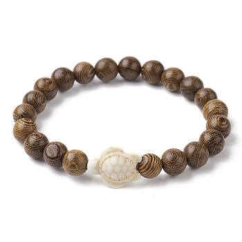 Natural Wood Round & Synthetic Turquoise Turtle Beaded Stretch Bracelet for Women, Inner Diameter: 2-1/8 inch(5.5cm)