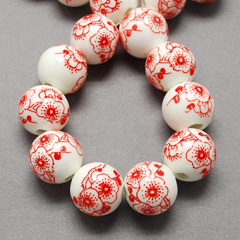 Handmade Printed Porcelain Beads, Round, Red, 12mm, Hole: 2mm