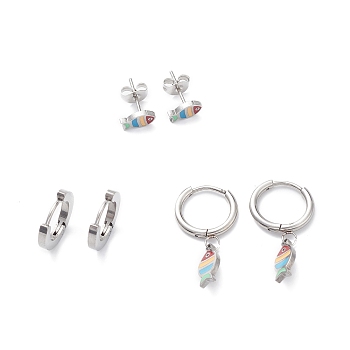3 Pairs 3 Style Enamel Fish Dangle Hoop Earrings, 304 Stainless Steel Stud Earrings for Women, Stainless Steel Color, 8~27mm, Pin: 1mm, 1 Pair/style