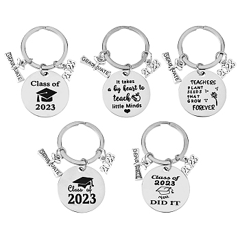 5Pcs 5 Style Class of 2023 Graduation Gifts Stainless Steel Keychain, 2023 Year Charm Signet Pendant Keychain, Graduation Theme Pattern, 6.1cm, 1pc/style