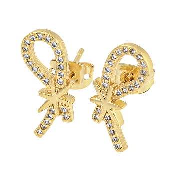Brass Micro Pave Cubic Zirconia Ear Studs, Bowknot, Real 18K Gold Plated, 17x7.5mm