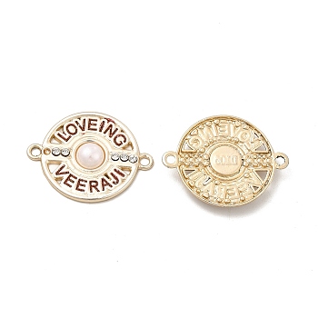Alloy Enamel Connector Charms, with Crystal Rhinestone, Nickel, Flat Round Links with Word, Light Gold, 21x27x3.5mm, Hole: 1.8mm