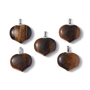 Natural Tiger Eye Pendants, Heart Charms, with Platinum Tone Brass Findings, 23.5x25x8.5mm, Hole: 5x3.5mm