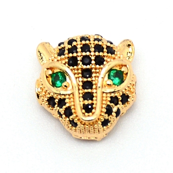 Brass Micro Pave Black & Green Cubic Zirconia, DIY Accessories for Jewelry Making, Leopard Head, Golden, 11x11x6mm, Hole: 1mm