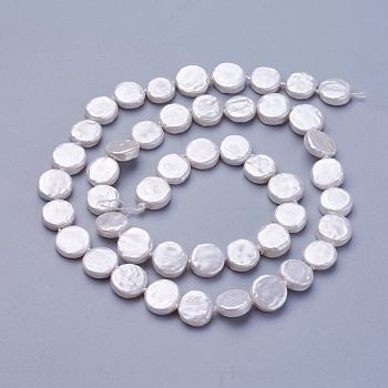 Shell Pearl Beads Strands, Flat Round, Snow, 7.5~8.2x2.2~3.5mm, Hole: 0.5mm, about 42~48pcs/strand, 15.35 inch~15.55 inch(39~39.5cm)