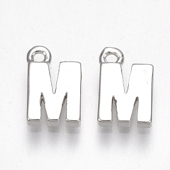 Brass Charms, Letter, Nickel Free, Real Platinum Plated, Letter.M, 8.5x5.5x1.5mm, Hole: 0.8mm