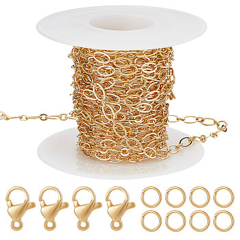 DIY Chain Bracelet Necklace Making Kit, Including Brass Figaro Chains Oval Link Chains & Jump Rings, 304 Stainless Steel Clasps, Real 18K Gold Plated, Chain: 5M/set