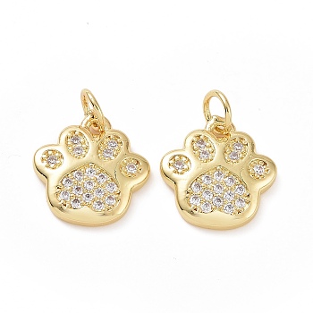 Brass Cubic Zirconia Charms, Paw Print Charm, with Jump Ring, Golden, 13.5x12.5x2mm, Hole: 3.5mm
