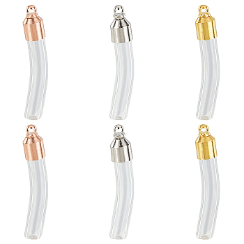 PandaHall Elite 6 Set 3 Colors Transparent Glass Vial Pendant Normal Link Connectors, Curved Tube Openable Wish Bottle with Brass & Alloy Findings for Jewelry Making, Mixed Color, 48x8x7mm, Hole: 1.8mm, 2 sets/color