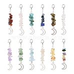 12Pcs 12 Styles Natural & Synthetic Mixed Stone Chips & Alloy Moon Pendant Decorations, with Zinc Alloy Lobster Claw Clasps, 59mm, 1pc/style(HJEW-CJ00026)