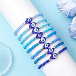 8Pcs Glass Seed Beads & Lampwork Beaded Stretch Bracelets for Women, Round & Hamsa Hand with Evil Eye, with Brass, Gradient Color, Mixed Color, Inner Diameter: 2.20~2.24 inch(5.6~5.7cm)(BJEW-MZ00263)