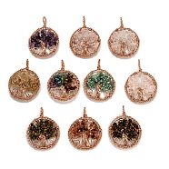 Mixed Stone Pendants, with Rose Gold Plated Brass Findings, Flat Round with Tree of Life, 64~67.5x50~51x6~7.5mm, Hole: 8x5~6.5mm(G-B001-01RG)