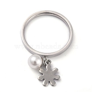 Dual-use Items, 304 Stainless Steel Finger Rings or Pendants, with Plastic Round Beads, Flower, White, Stainless Steel Color, US Size 5~9(15.7~18.9mm)(RJEW-O045-04-P)