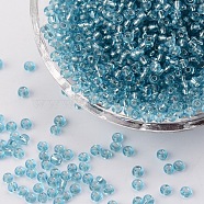 (Repacking Service Available) 8/0  Glass Seed Beads, Silver Lined Round Hole, Round, Pale Turquoise, 3mm, Hole: 1mm, about 12G/bag(SEED-C014-3mm-23)