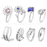 8Pcs 8 Style Flower & Butterfly & Diamond Rhinestone Rotating Open Cuff Rings Set with Glass, Platinum Brass Calming Worry Stackable Rings for Women, Platinum, Inner Diameter: 17~19mm, 1Pc/style(RJEW-AN0001-12)