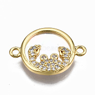 Brass Micro Pave Clear Cubic Zirconia Link Connectors, with Shell, Cadmium Free & Nickel Free & Lead Free, Flat Round with Crab, Golden, 15.5x21.5x2.5mm, Hole: 1.5mm(ZIRC-S067-038G-NR)