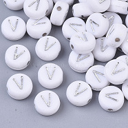 Plating Acrylic Beads, Silver Metal Enlaced, Horizontal Hole, Flat Round with Letter, White, Letter.V, 7x4mm, Hole: 1.2mm(X-PACR-R243-04V)