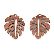 Natural Walnut Wood Pendants, Undyed, Hollow Leaf Charm, Camel, 30.5x24x2.5mm, Hole: 2mm(WOOD-N011-019)