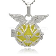 Silver Color Plated Brass Cage Pendants, Hollow Round with Wing, with No Hole Spray Painted Brass Round Ball Beads, Champagne Yellow, 26x29x20mm, Hole: 3x8mm(KK-J213-12S)