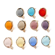 Brass Stud Earring Findings, with Glass and 304 Stainless Steel Pins & Horizontal Loops, Light Glod, Flat Round, Mixed Color, 17~18x13x3mm, Hole: 1.8mm, Pin: 0.8mm(KK-Q777-30LG)
