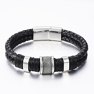Braided Leather Cord Bracelets, with Antique Silver 304 Stainless Steel Findings, Magnetic Clasps, Stainless Steel Color, 8-1/4 inch(210mm), 12~16x5.5~12mm(BJEW-K166-06P)