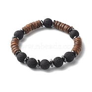 Natural Coconut Rondelle Beads Stretch Bracelet for Men Women, Oil Diffuser Lava Rock Beads & Non-Magnetic Synthetic Hematite Bracelet, Black, Inner Diameter: 2-3/8 inch(5.9cm)(BJEW-JB06771-02)