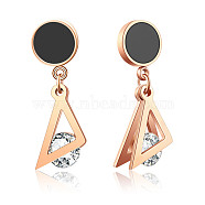 SHEGRACE Titanium Steel Dangle Stud Earrings, with Clear Grade AAA Cubic Zirconia, Triangle, Rose Gold, 35x8mm(JE877A)