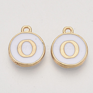 Golden Plated Alloy Charms, Cadmium Free & Lead Free, with Enamel, Enamelled Sequins, Flat Round with Letter, White, Letter.O, 14x12x2mm, Hole: 1.5mm(X-ENAM-S118-01O)
