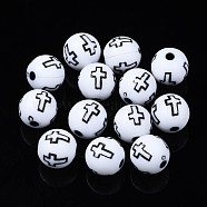 Opaque Acrylic Beads, Round with Cross, White, 10x9.5mm, Hole: 2mm, about 988pcs/500g(SACR-S273-38-A01)
