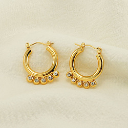 304 Stainless Steel & Cubic Zirconia Hoop Earrings, Ring Shape, Real 18K Gold Plated, 25x20mm(WGF2E56-01)