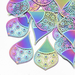 Ion Plating(IP) 304 Stainless Steel Filigree Big Pendants, Etched Metal Embellishments, teardrop, with Flower, Rainbow Color, 54.5x34x0.3mm, Hole: 1.8mm(X-STAS-S108-70)