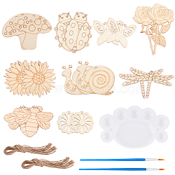 Nbeads 90Pcs 9 Styles Wood Cutouts Ornaments, with 1Pc Plastic Paint Brushes Pens and 1Pc Plastic Watercolor Oil Palette, Navajo White, 6.5x8.9x0.2cm, Hole: 3mm(WOOD-NB0005-15)