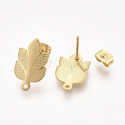 304 Stainless Steel Stud Earring Findings, with Loop and Ear Nuts/Earring Backs, Leaf, Real Gold Plated, 17x10.5mm, Hole: 1.2mm, Pin: 0.7mm(STAS-S079-64A)