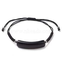 Curved Rectangle Natural Obsidian Adjustable Nylon Cord Braided Bead Bracelets for Women Men, Inner Diameter: 1-1/4~3-1/8 inch(3.2~8cm)(BJEW-JB10280-03)