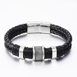 Braided Leather Cord Bracelets, with Antique Silver 304 Stainless Steel Findings, Magnetic Clasps, Stainless Steel Color, 8-1/4 inch(210mm), 12~16x5.5~12mm(BJEW-K166-06P)